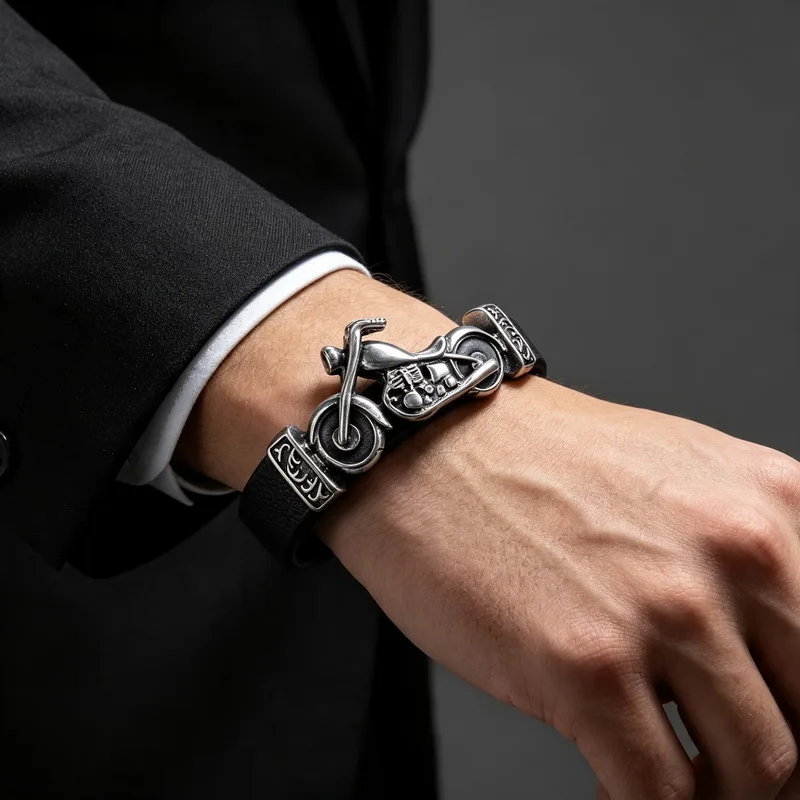 Stainless Steel Motorcycle Leather Bracelet for Men Vintage Skull Biker Punk Black Wristband Cool Rider Jewelry Gift