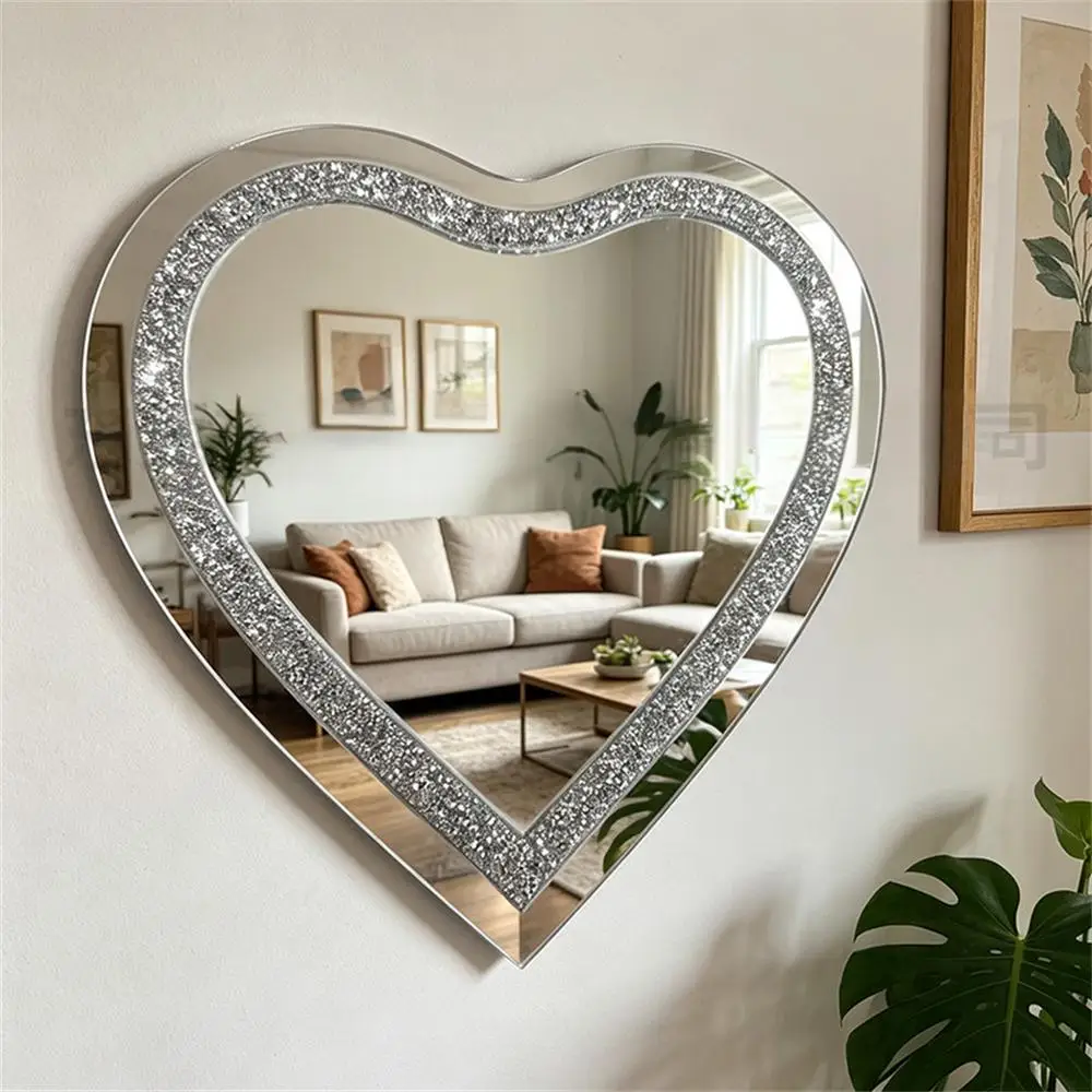 Luxury Heart Acrylic Rhinestone Wall Mirror, Diamond Inlay Hanging Makeup Mirror Bedroom Wall Decor