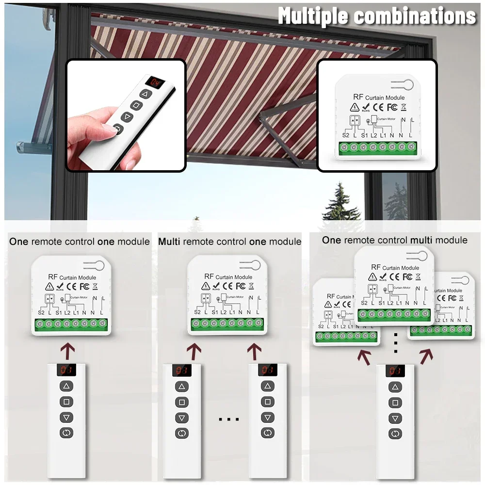 433Mhz Curtain Switch Electric Rolling Shutter Module 110v 220v 16A with 5CH Remote Control for Electric Blind Motor Garage Door