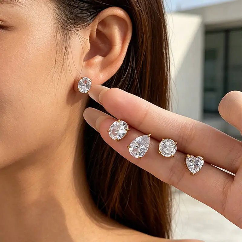 Geometric heart-shaped waterdrop round diamond-studded stainless steel earrings for women, with titanium ear hooks