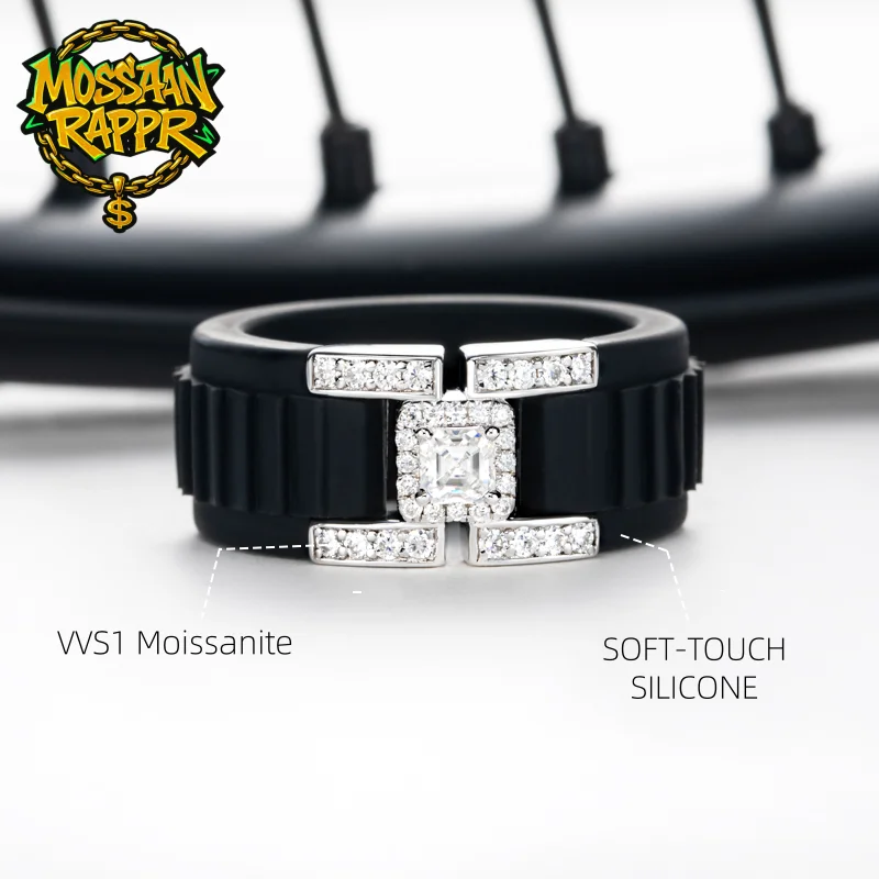 MossanRappr 3.5x3.5mm Asscher Cut Moissanite Silicone Ring 925 Sterling Silver Engagement Ring for Men Women Rubber Wedding Band