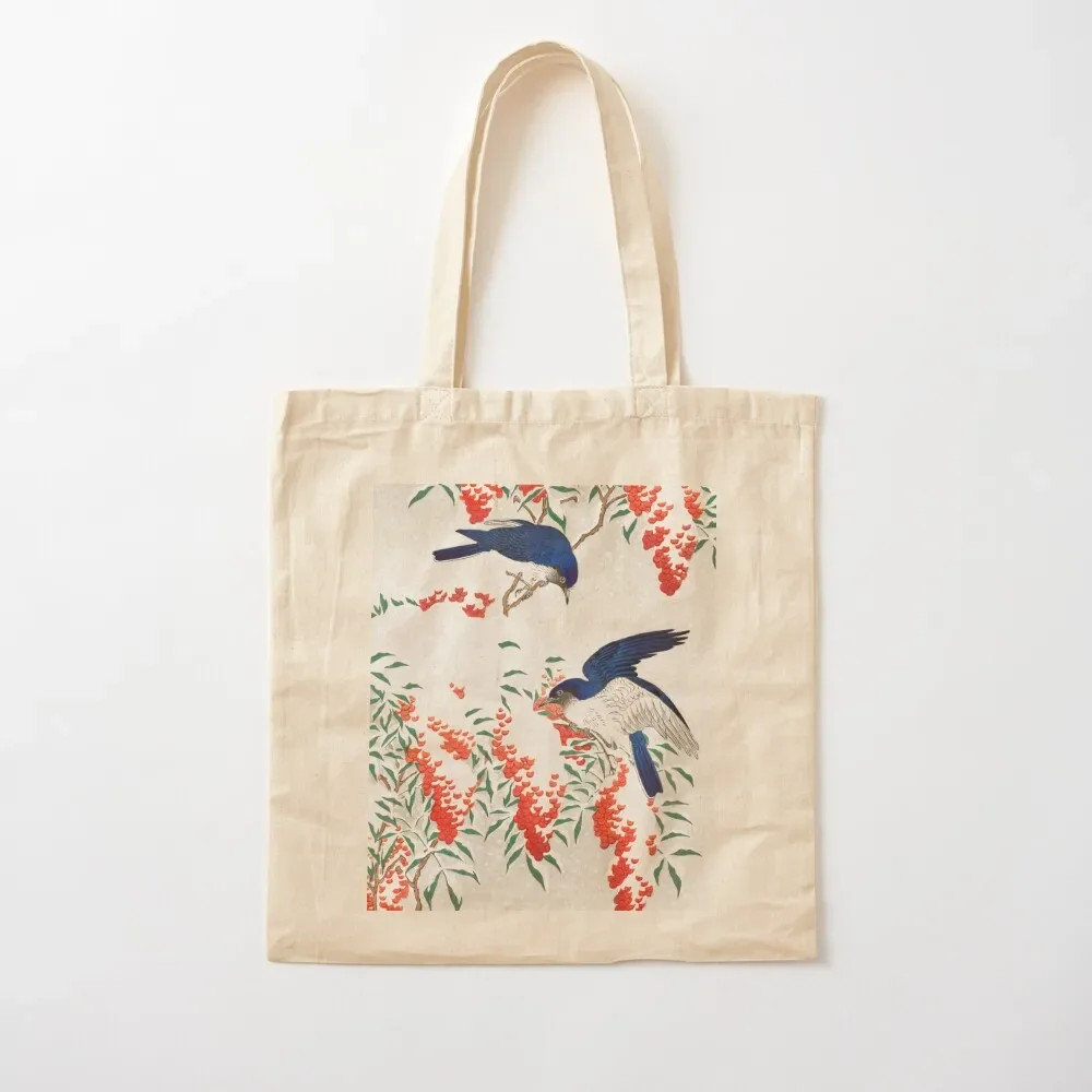 Japanese Art - Flycatchers on a Nandina Bush by Koson Ohara Tote Bag Gift bags cloth bag woman reusable shopping bag