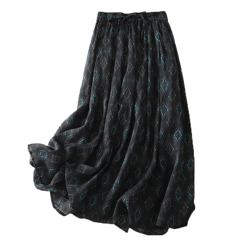 Verão novo retro casual versátil linho poliéster impressão ter saia grande babado saia feminina meados de cintura a linha saia