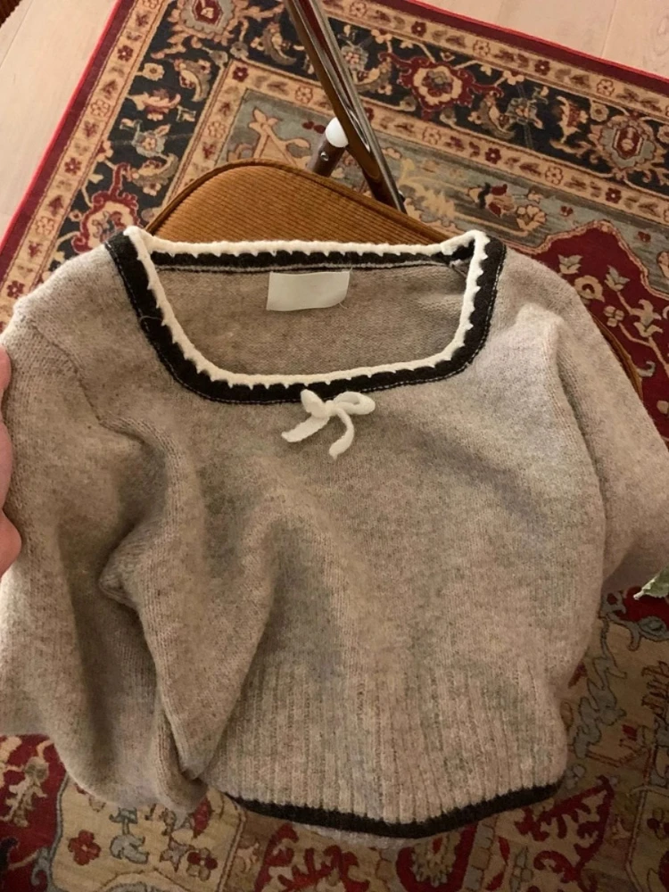 Square Collar Sweaters Women Cute Panelled Bow Design Simple Knitting Japanese Style Harajuku Temperament Schoolgirls Leisure
