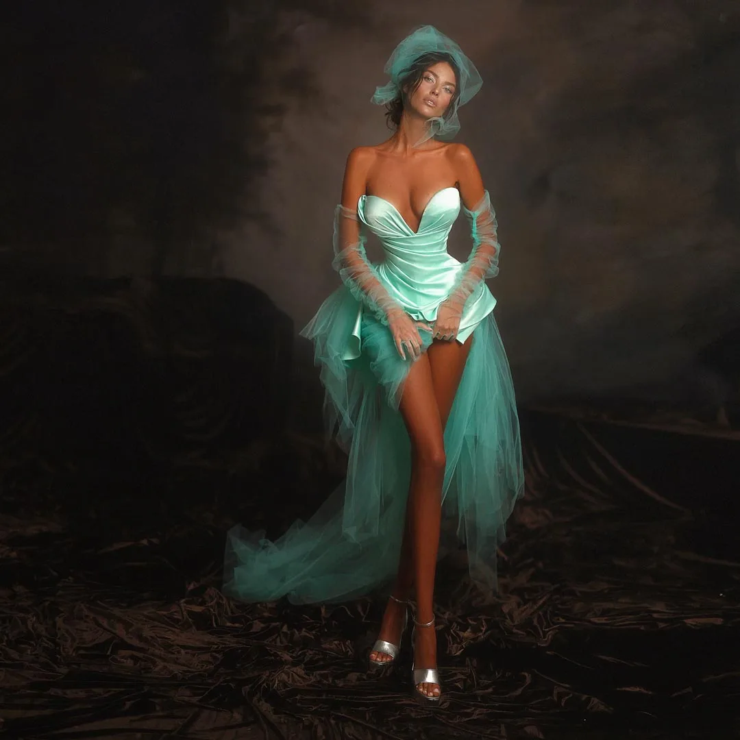 Śliczna Miętowa Sukienka na Studniówkę Bez Ramiączek z Dekoltem w Serek, Krótka, Syrenka z Plamą i Siateczką, Sukienki Koktajlowe, Vestidos de Fiesta, Szyte na Miarę