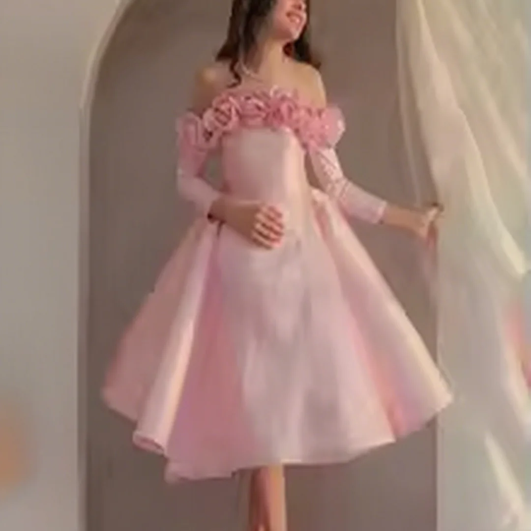 

Customized boat-neck short-sleeved knee-length A-line dress formal evening dresses birthday party prom gowns for women