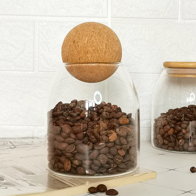 Transparent Glass Coffee Bean Storage Tank Tea Sealed Jars Household Spherical Cork Grain Storage Container