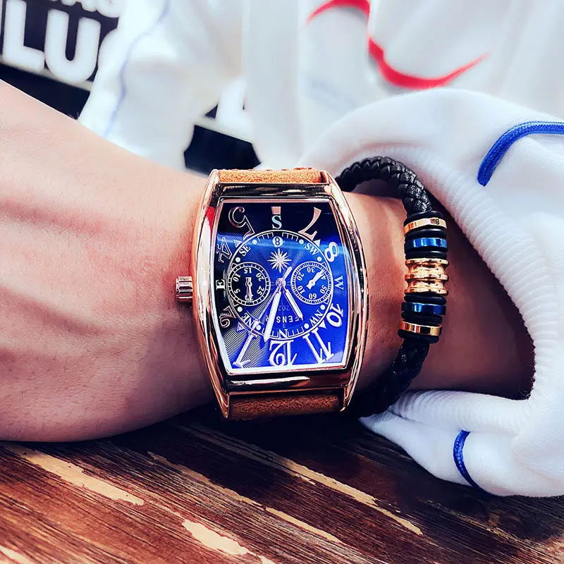 Wine Barrel-Shaped Watch for Men, Korean Style Calendar, Fashionable Casual Men's Student Quartz Watch, Stylish Leather Watch for Boys, the Best Gift for Him