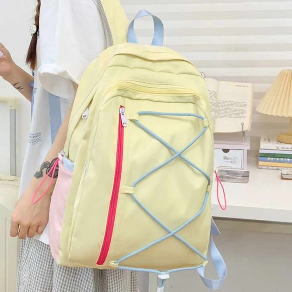 Multi-pockets Drawstring Backpack Large Capacity Solid Color Student School Bag Cloth Dopamine Travel Rucksack Teenage Youth