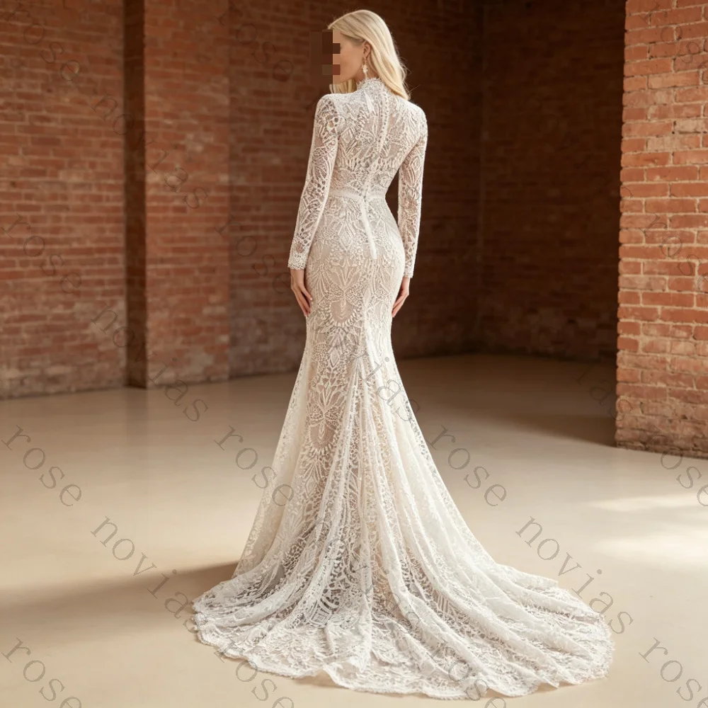 Customized Vintage Bohemian Long Train Bridal Gowns High Neck Long Sleeve Full Lace Sheer Mermaid Fit Flare Wedding Dresses