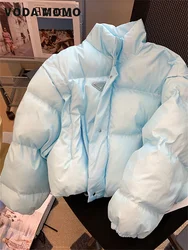 Women Winter Cotton-padded Jacket Casual Mock Neck Thicken Pocket Down Coat Loose Zipper Buttons Short Simple Warm Cardigan Coat