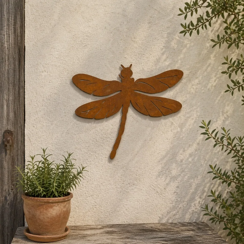 2D Flat Rust Patina Iron Art Dragonfly Wall Hanging, Minimalist Weathered Rusty Metal, Farmhouse Home Decor Gift