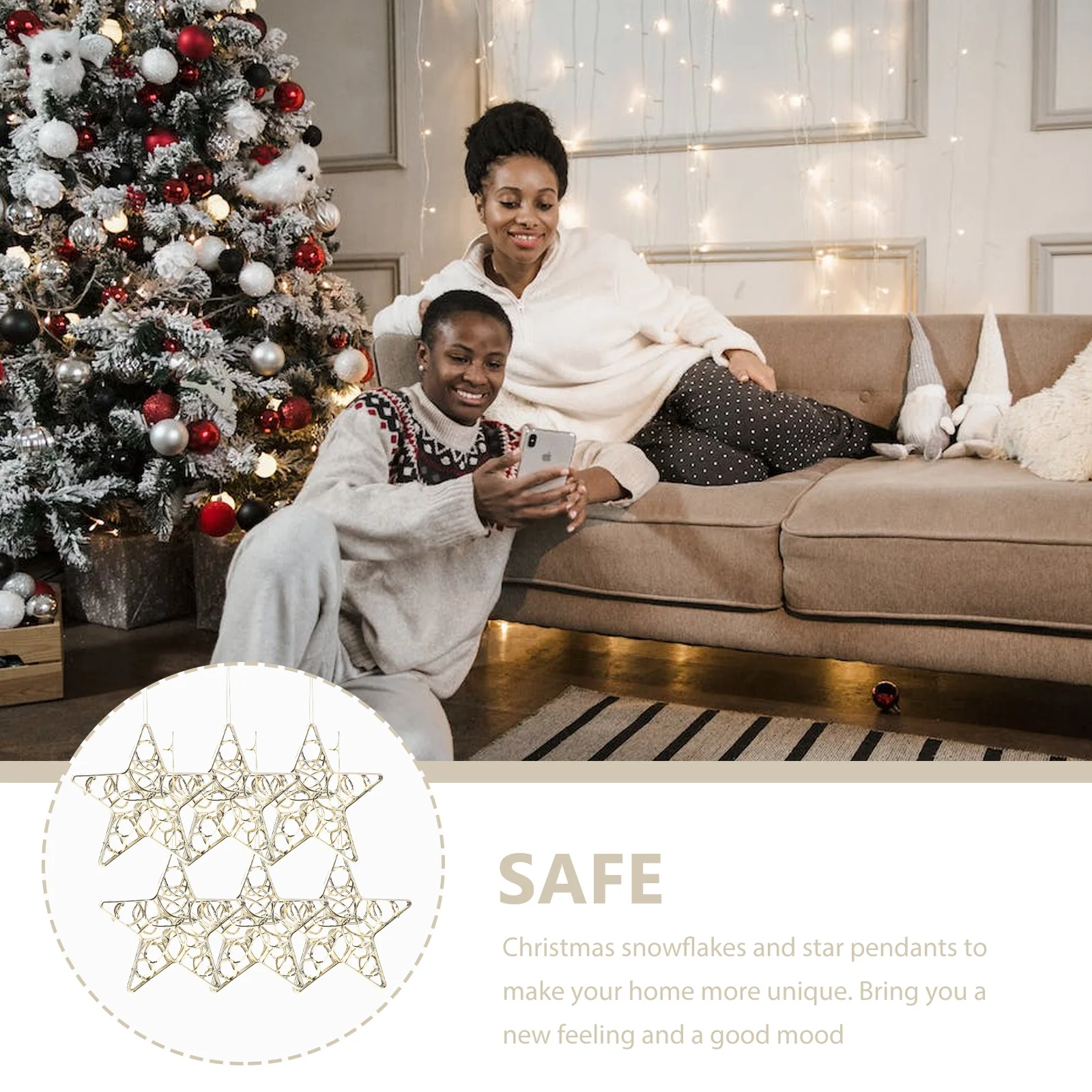 

6pcs Christmas Hanging Pendants Star Snowflake Ornament For Xmas Tree Decor Holiday Party Home Window Yard Porch Decoration