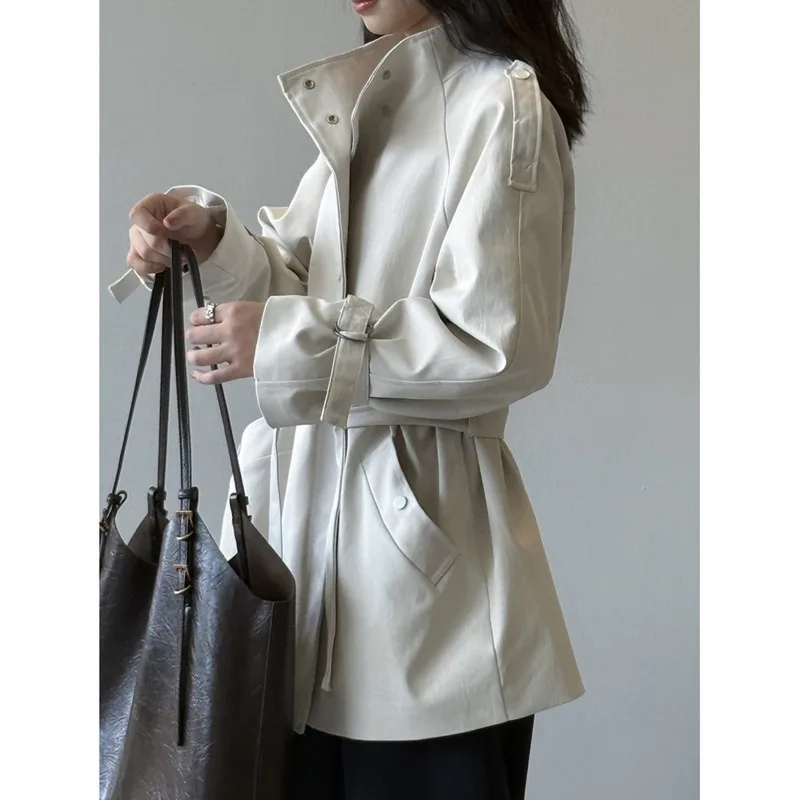 

Autumn Stand Collar Trench Coat,Women Loose Casual Tie Waist Single Breasted Long Sleeve Short Coat