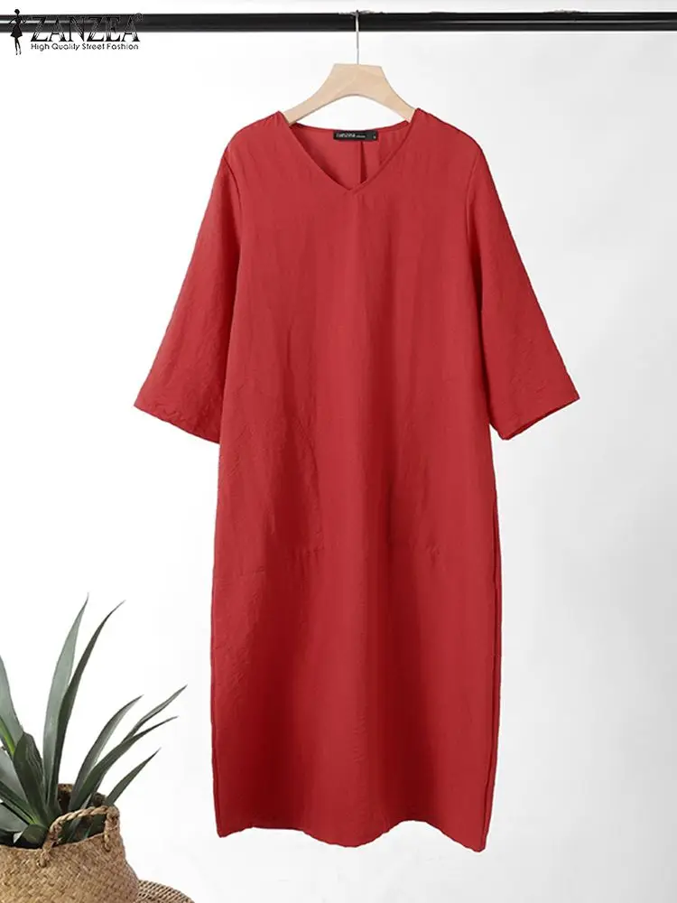 

Summer 3/4 Sleeve V-Neck Solid Color Mid-Calf Vestidos Oversize Work Party Sundress 2024 ZANZEA Vintage Women Casual Loose Dress