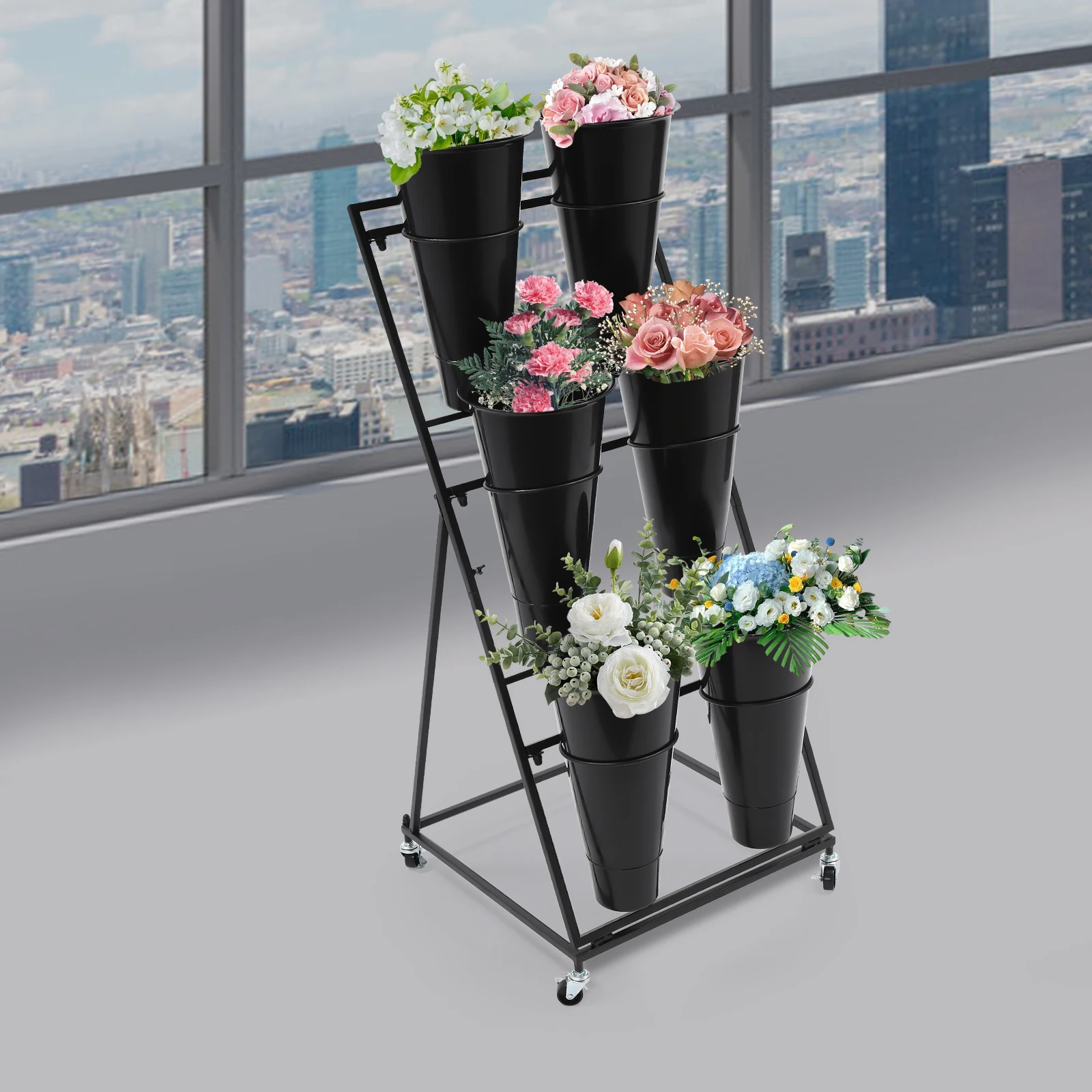 

Wear-resistant Flower Display Stand 3-tier Flower Holder with 6 Pcs Buckets Effortless Clean Easy to Move for florists/Gardens