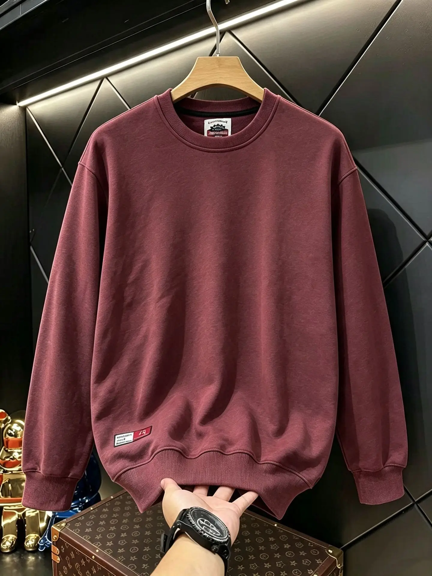 Heavyweight men's autumn and winter solid color terry cotton men's clothing crew neck long sleeve loose casual sweatshirt