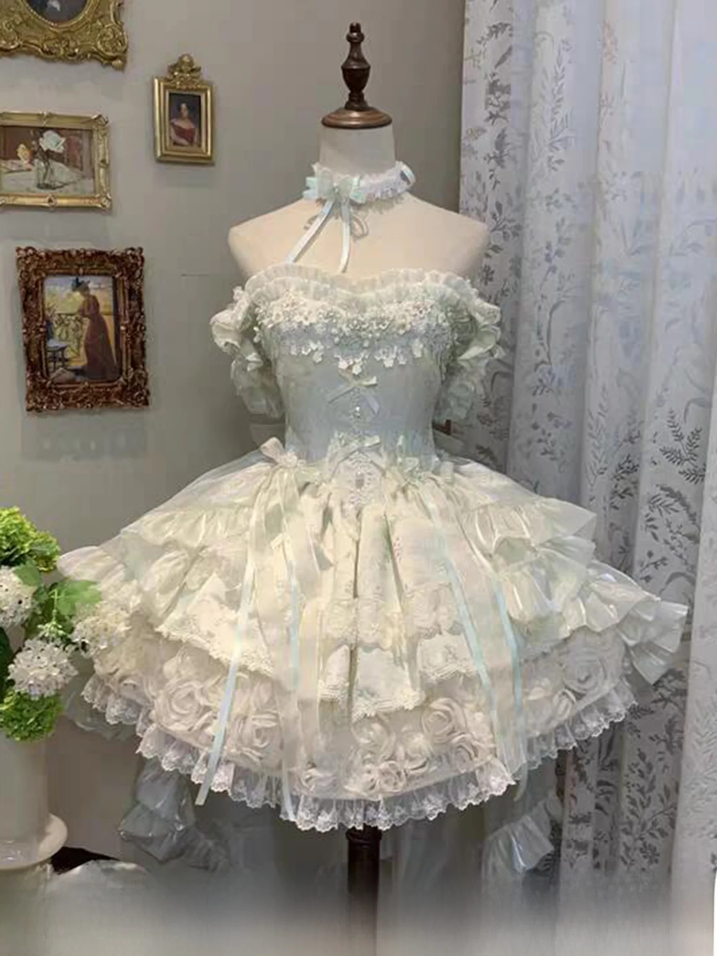 

Princess Style Late Spring Green Lolita Dress Evening Gown Graduation Ceremony Hostess Adult Ceremony Short Sleeve Midi Dress