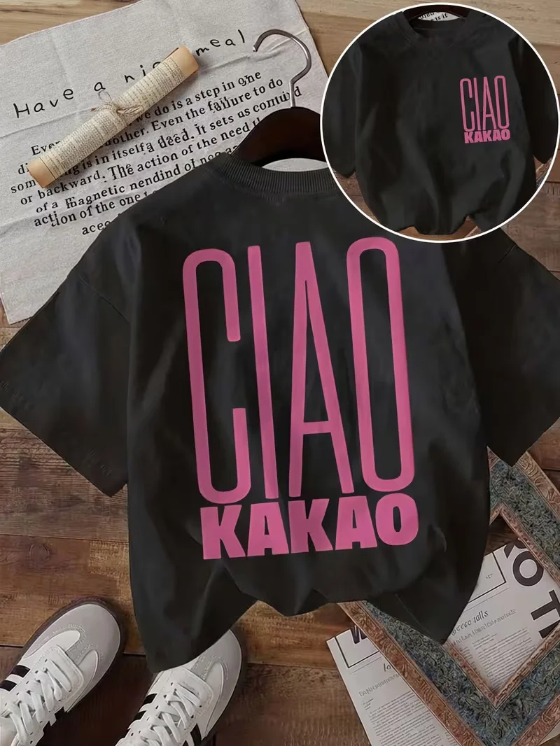 Bold Pink Ciao Kakao Letter Women T-Shirt Crewneck Cotton Tee Small Chest Logo Back Font for Daily Street Outfit