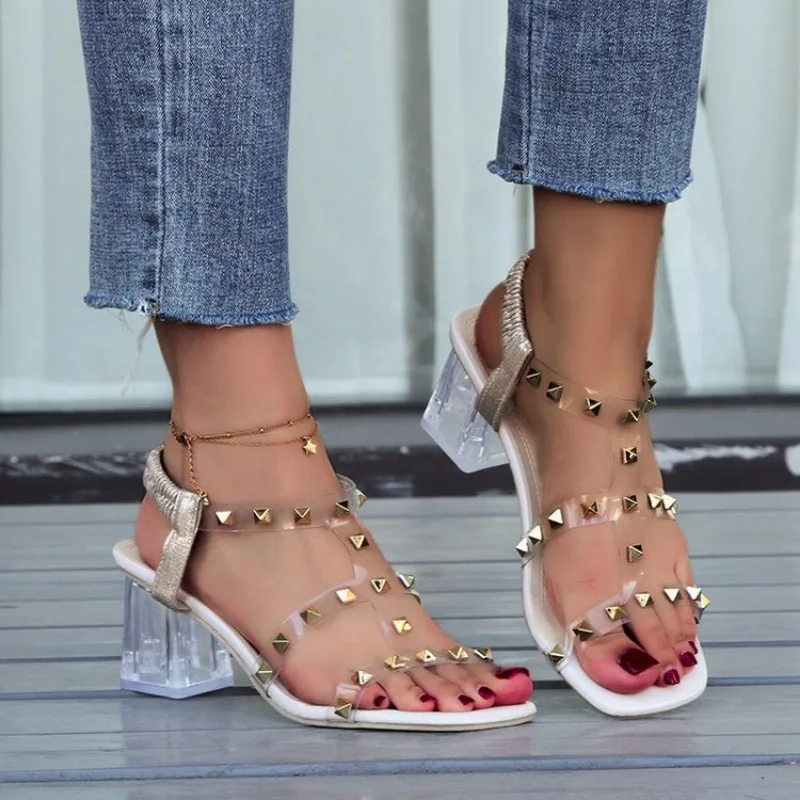 Rivets T-Strap Summer Heels Sandals Women\'s Luxury Brand Chunky Heels Sandals Studded Slingback Casual Summer White Party Shoes