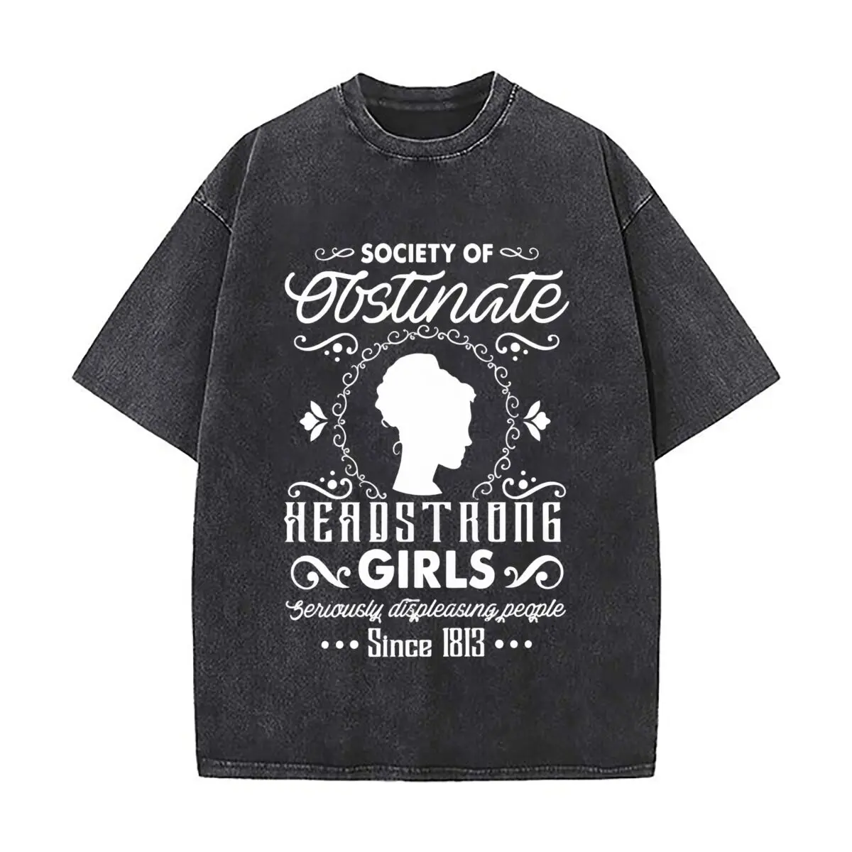 Society Obstinate Headstrong Girls Jane Austen Pride Prejudice Washed Vintage Short Sleeve Loose Streetwear Tee