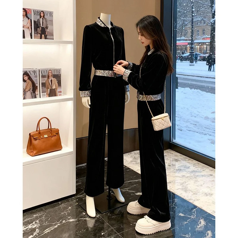 

Retro Black Velvet Sequin 2 Piece Set For Women Stand Long-sleeve Cardigan Wide Leg Trousers Minimalist Office Casual Sport Suit