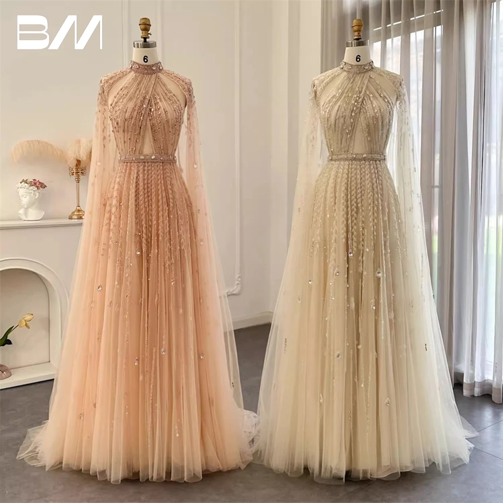 Real Images Dubai Formal Dress For Women High Neck Beaded Coral Open Back Prom Dresses Cape Sleeve Evening Dress