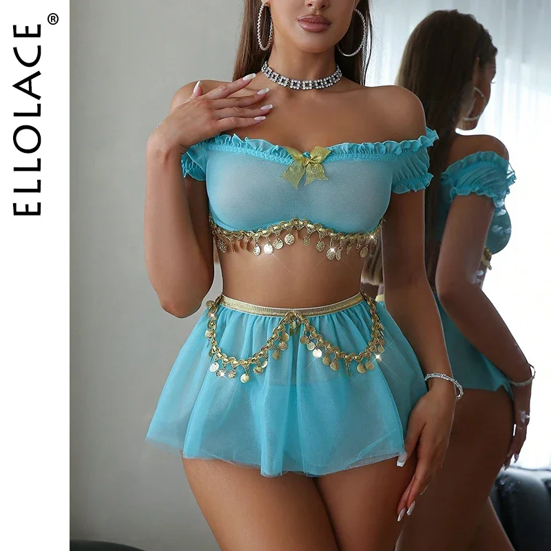 Ellolace-Conjunto de lencería Sexy con dije exótico, lencería con hombros descubiertos y decoración colgante de lentejuelas, traje sexual de tul seductor, conjuntos sexys para adultos