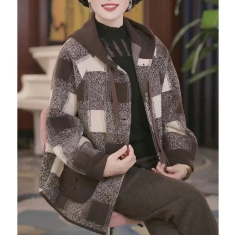 

Корейские женские двусторонние бархатные шерстяные топы в сетку для мам среднего возраста, большой размер 5XL, смешанная куртка, осеннее женское шерстяное пальто с капюшоном