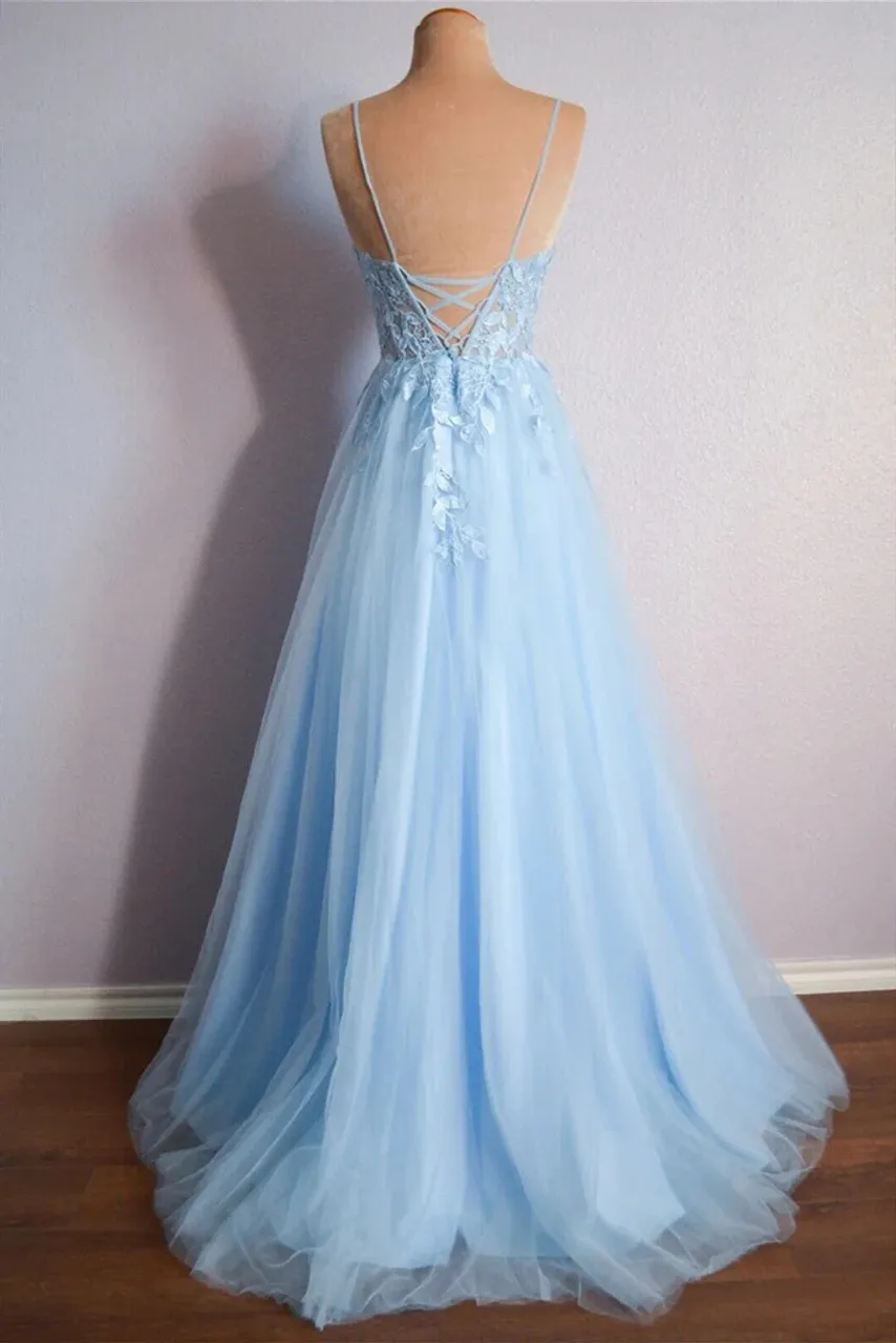 Light Blue A-line Tulle Evening Gowns V-neck Spaghetti Straps Backless Appliques Valentine\'s Day Beautiful Formal Evening Dress