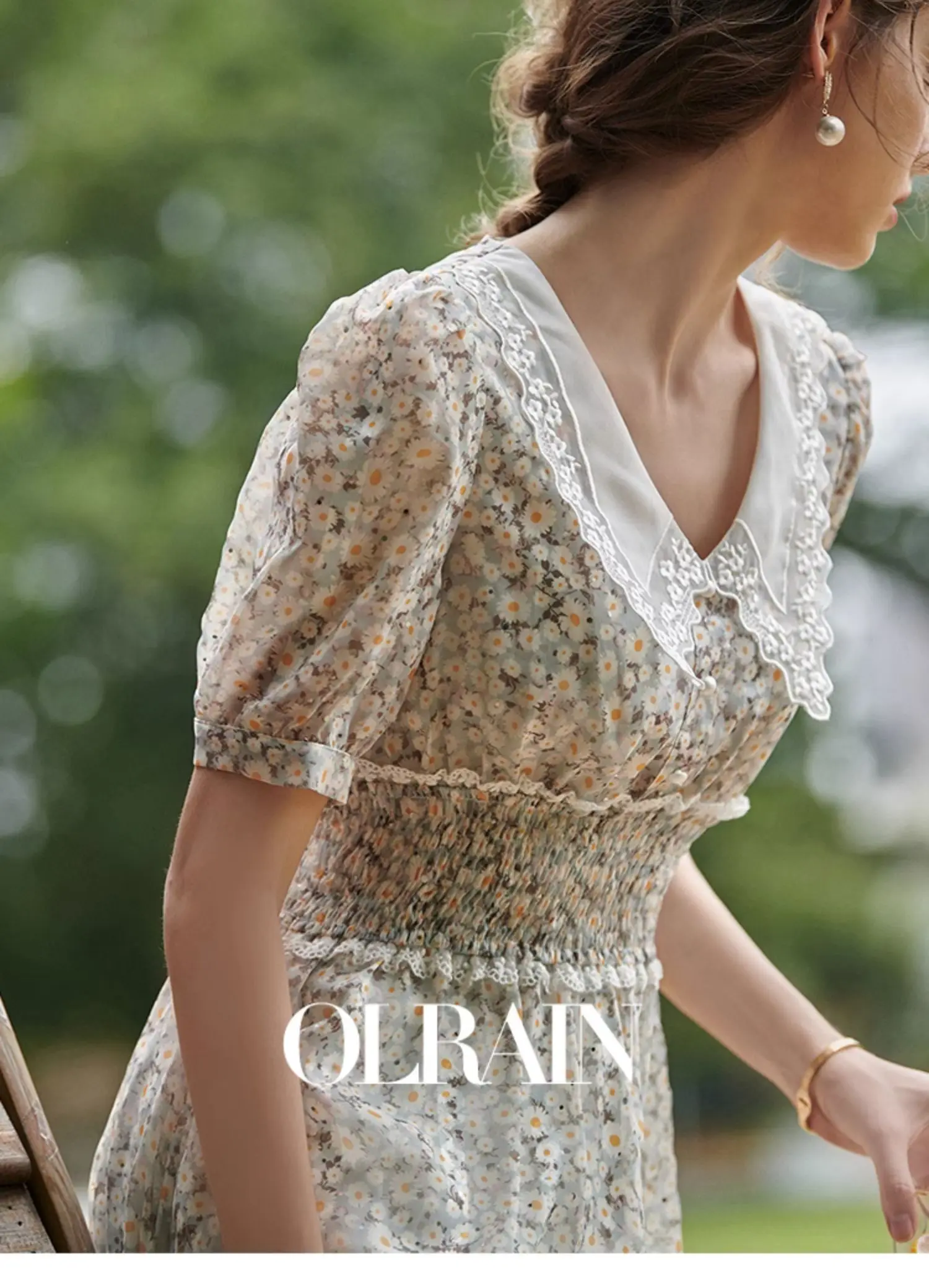 OLrain Floral Chiffon Womens Dresses 2025 Spring Summer New Smocking Lace V Neck Puff Sleeve Sequins Elegant Dress O21XL52228