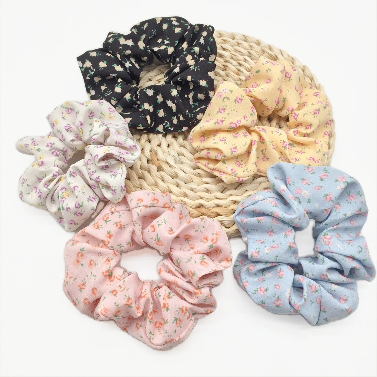 5pcs/set Sweet Cute Print Flower Scrunchies For Women Stretch Hair Accessories Elastic Rubber Band Rope Headwear Ditsy Floral