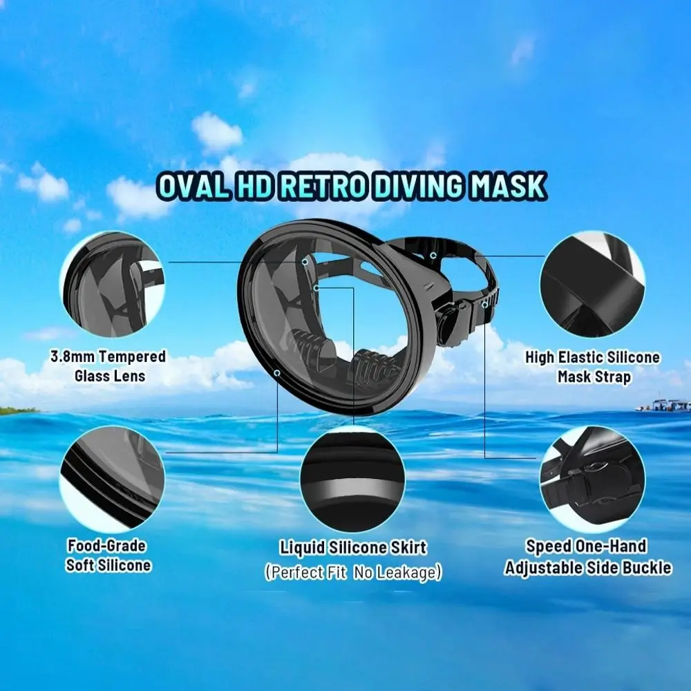 New Classic Oval Diving Mask Silicone Retro-Style Spearfishing Mask Panoramic Wide View Scuba Goggles Adults