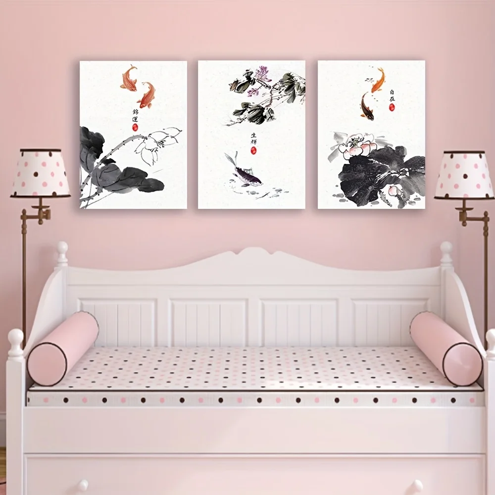 2D Flat, 2D Flat, 2D Flat 3pcs Unframed Chinese Watercolor Hand Zen Lotus Fish Poster Prints Oriental Images Home Decor Paint