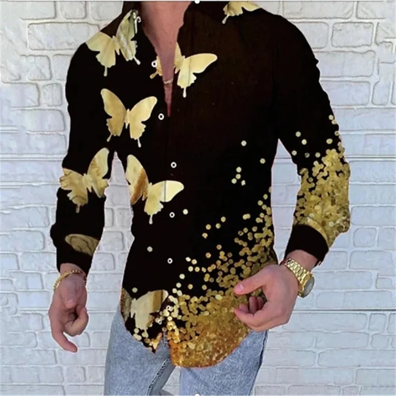 Full Printed Butterfly Pattern Casual Men's Long Sleeve Shirts Daily Wear Turndown Oversized Button Up Shirts Clothes Streetwear