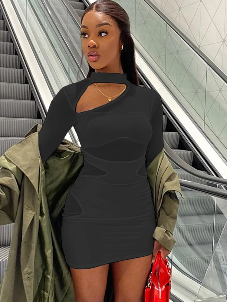 Strano Puss Abito sexy in rete Donna Y2K Patchwork Hollow Solid Zip Tendenza estiva Skinny Elegante Hipster Stretch Bodycon Clubwear