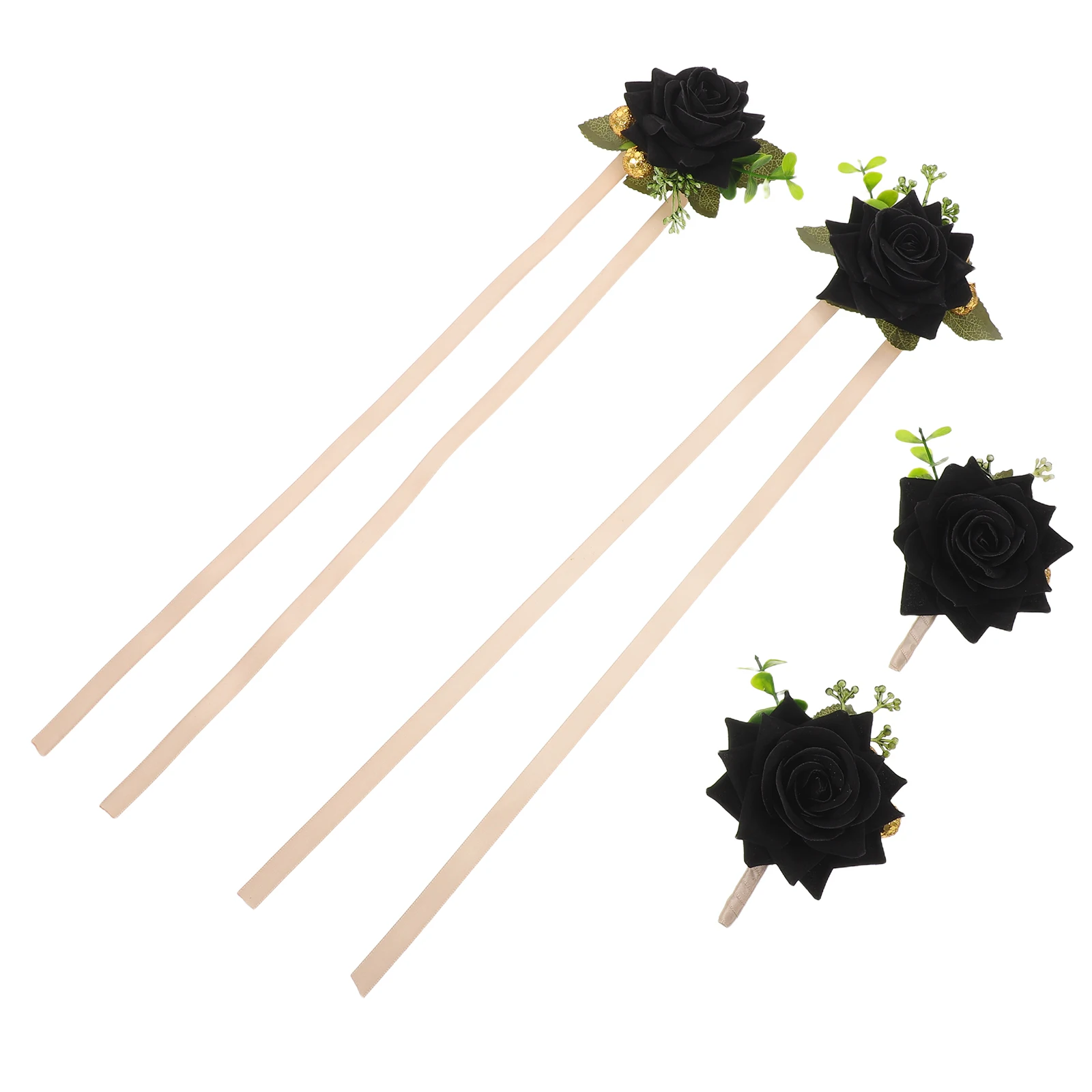 

2 Sets Gothic Wedding Floral Decorations Artificial Flower Corsage Wristband Black Rose Boutonnieres Cloth Bride Wristlet