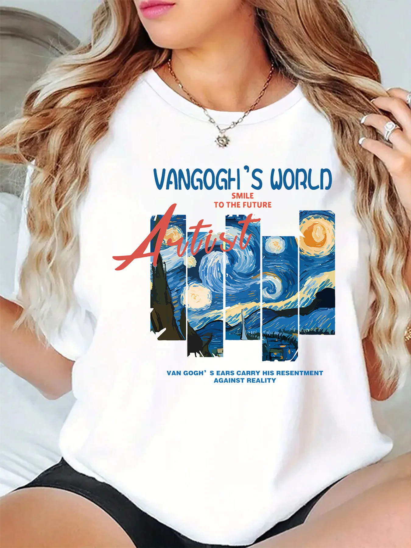Womens O Neck Short Sleeve T Shirt Vangoghs World Starry Night Classic Oil Painting Artist Art Graphic Casual Daily Ladies Tops