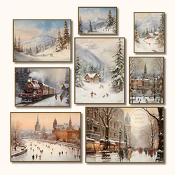 Vintage Winter Landscape Pine City Street Snow Ski Train Canvas Painting Wall Print Poster Rustic Farmhouse Home Decor Cuadros