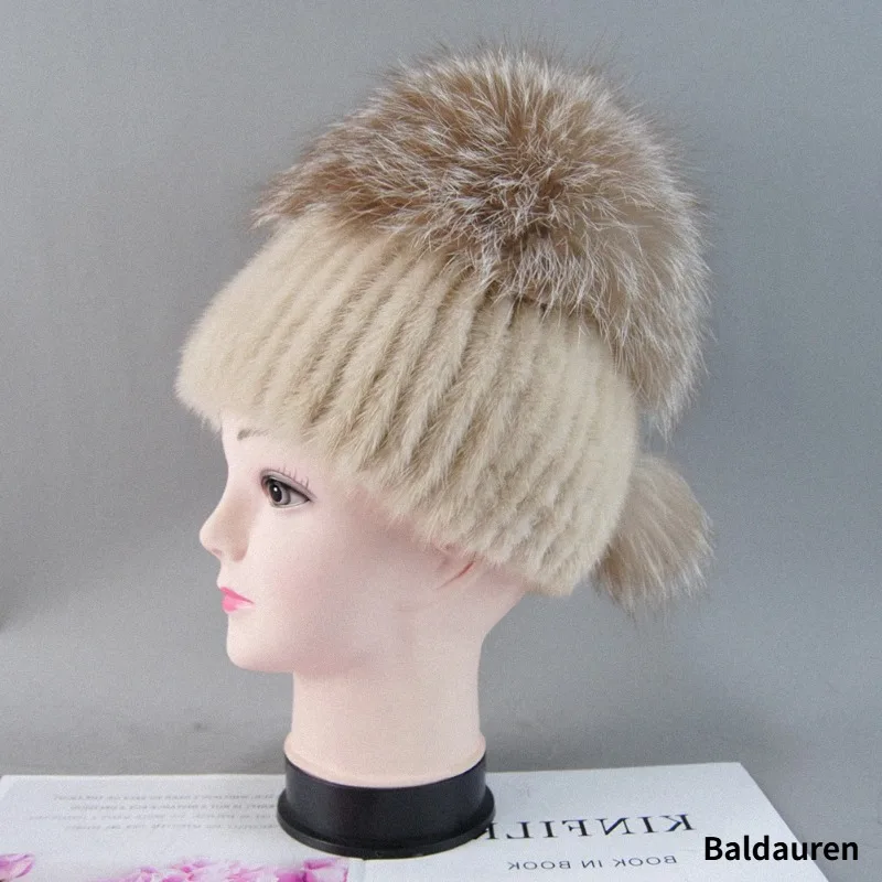 Hot Sale Women Knitted Mink Fur Hat Styles Woman Fur Cap With Fox Fur Tassel Lining Women Winter Hats Girls Hats For Beanies Hat