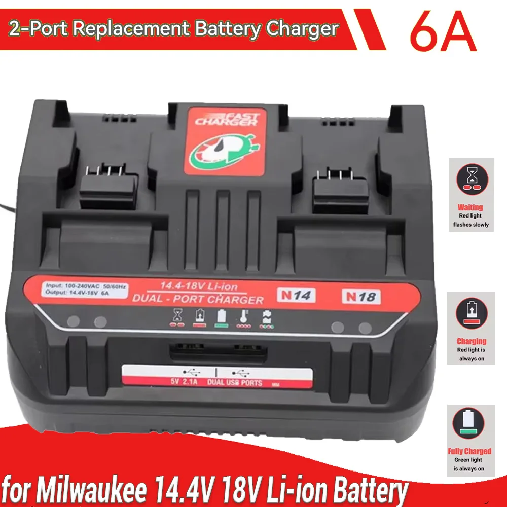 

2-Ports Battery Charger Station Compatible For Milwaukee 18V Lithium Battery 6A Rapid Battery Charger 160W with 2 USB-A Ports