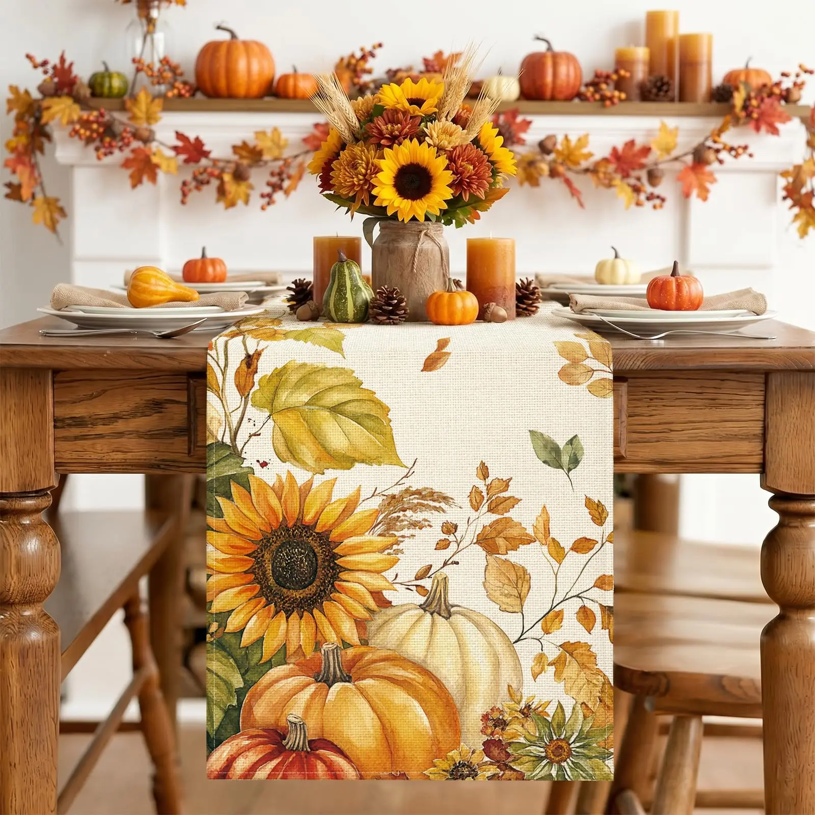 Fall in Love Pumpkins Sunflower Table Runner, Autumn Thanksgiving Holiday Kitchen Dining Table Decoration for Fall Home Decor