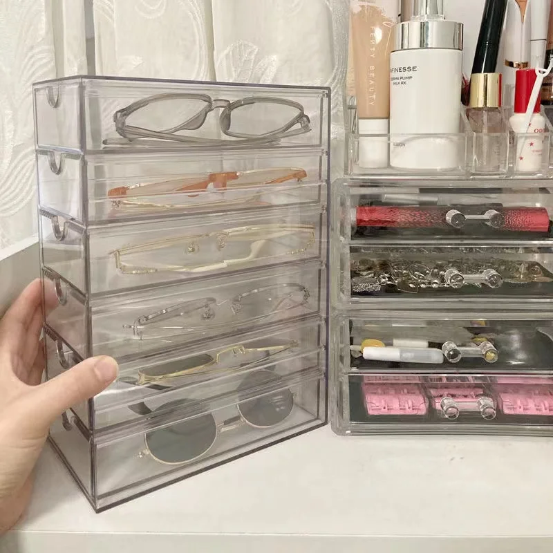 Contemporary Acrylic Sunglasses Display Stand with Multiple Drawers - Plastic Eyewear Organizer Box - Dustproof Tabletop Glasses