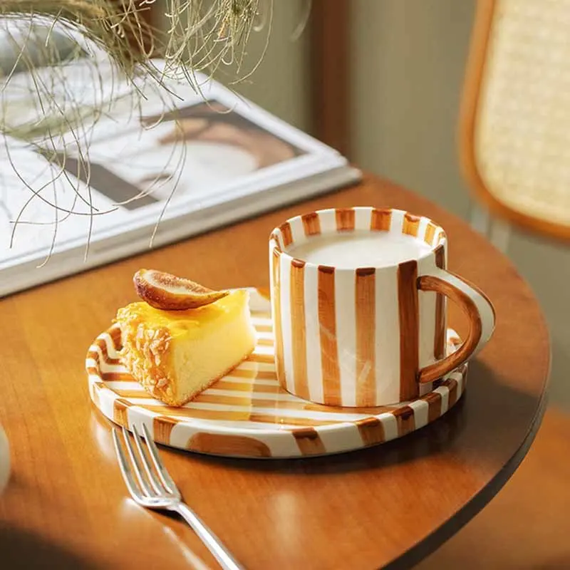 Nordic Ceramic Plate Creative Striped Western Food Dishes Dinner Plates Breakfast Dessert Dishe Plate Coffee Mug Tableware Set