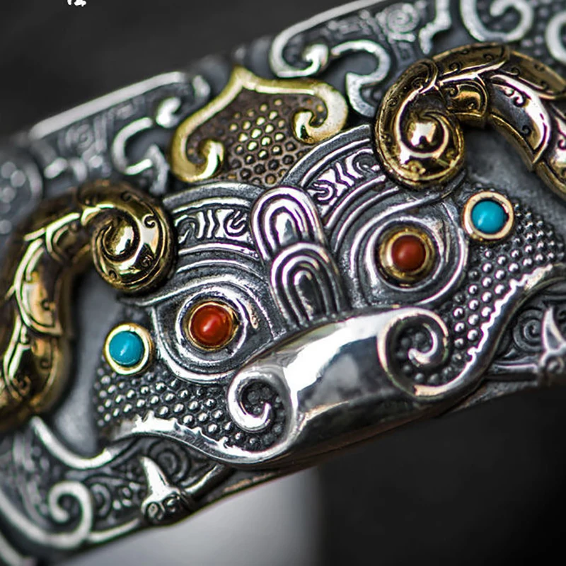 Exquisite Carved Mythical Wild Animal Retro Open-End Bracelet Men's Twist Armband Cuff Bracelet Trend Domineering Jewelry Gift