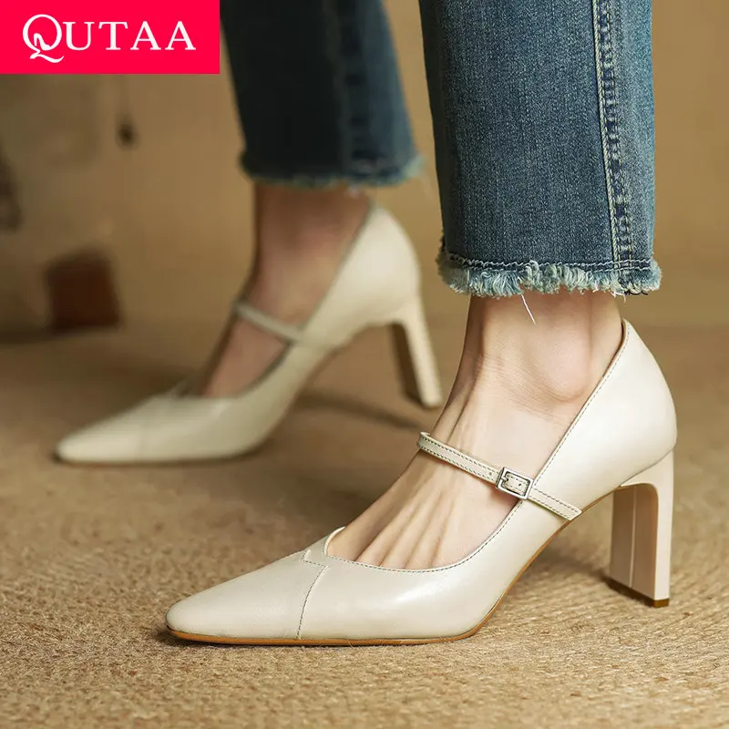 

QUTAA 2025 Fashion Mary Jane Women Pumps Shoes High Heels Genuine Leather Party Buckle Sexy Pointed Toe Office Shoes 34-40