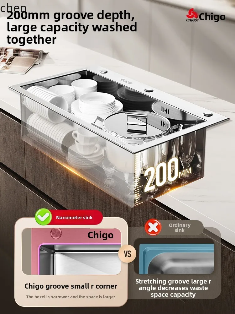 Stainless Steel Kitchen Sink Large Single Bowl Vegetable Washing Basin Household Dishwashing Sink Vegetable Washing Pool