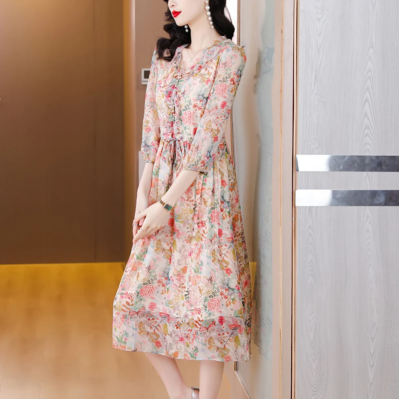 Printemps 2023 soie florale Dr pause thé minceur jupe longue à la mode v-ne x-aped trajet imprimé mousseline de soie sept-quarts Sve