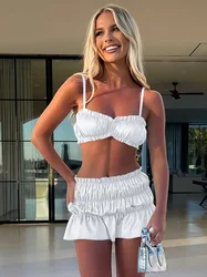 Sexy Super-short Camisoles Top and Mini Skirts 2 Pieces Matching Set Fashion Summer Folds Beach Holiday Dresses Suit White Black