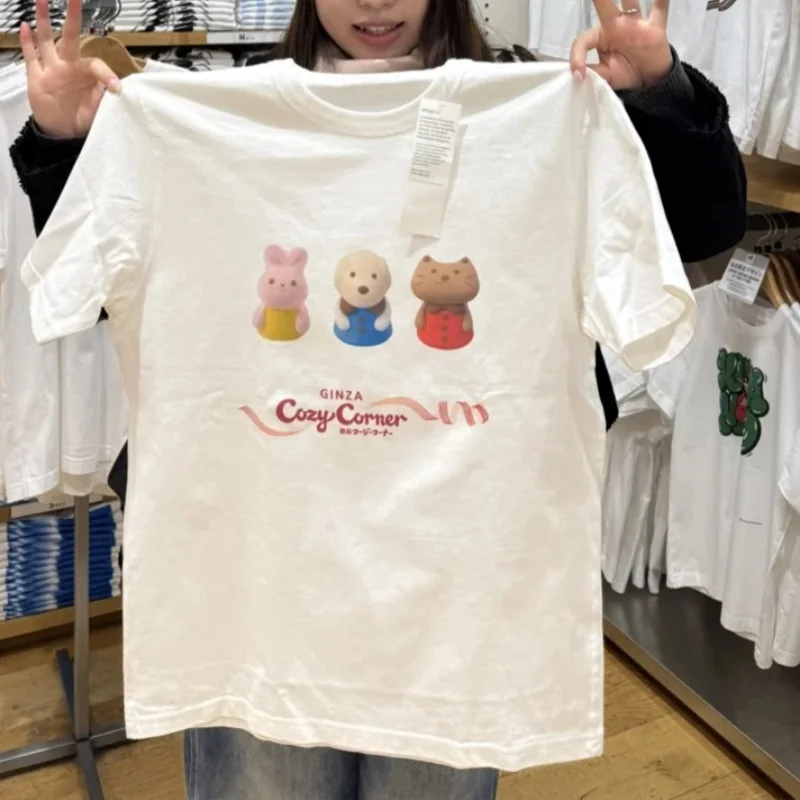 Korean Brand Y2K TOP 100% Pure Cotton White Baggy T-shirts Cute Rabbit Cartoon Printed Short Sleeve Tee Summer Harajuku Couples